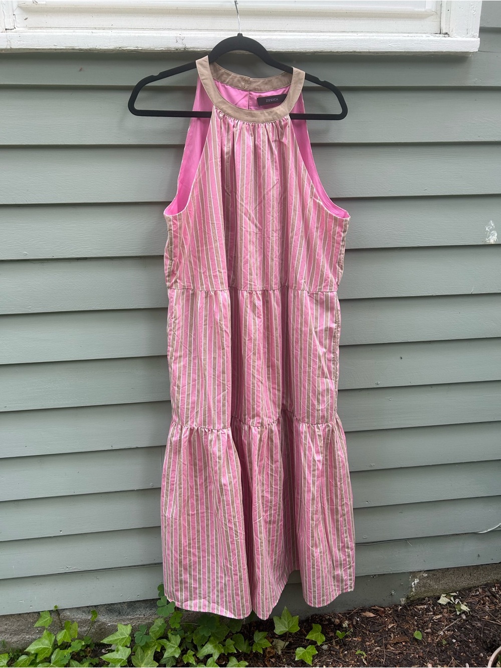 Zesica Striped Pink Midi Dress with Contrast Trim